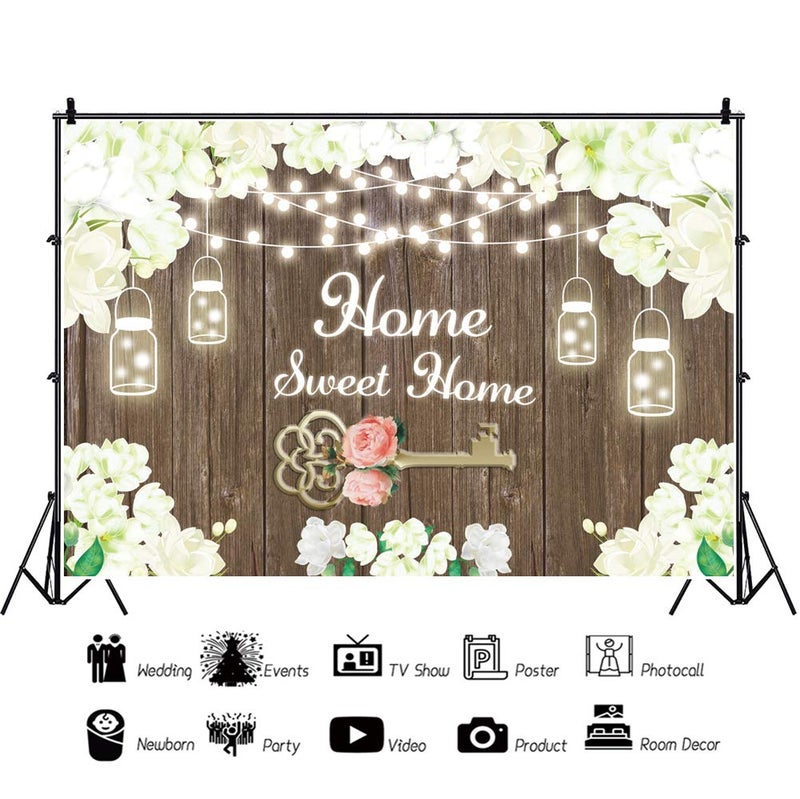 Leyiyi 5x3ft Sweet Home Backdrop Rustic Housewarming White Flower Sweet Home Key Shining Lights Wooden Floor Background for New House Party Decorations Vinyl Photo Booth Props - Image 2